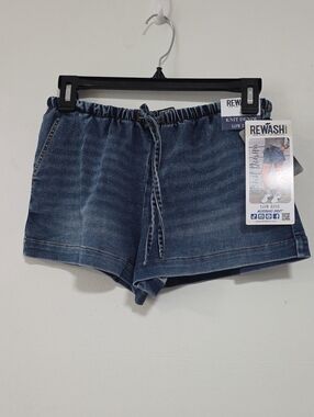 Rewash Knit Denim Low-Rise Drawstring Shorts — Blue